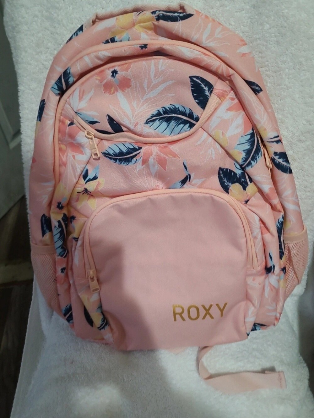Roxy Pink Floral Kids Backpack with Navy Leaf Accents